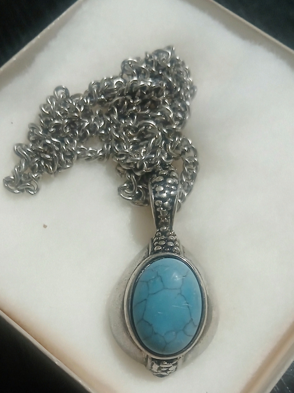 Turquoise Oval Pendant Necklace in Silver-Tone